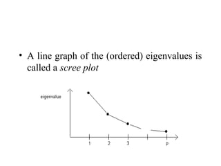 • A line graph of the (ordered) eigenvalues is
called a scree plot
 