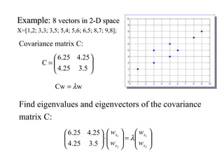 Example:Example: 8 vectors in 2-D space8 vectors in 2-D space
X=[1,2; 3,3; 3,5; 5,4; 5,6; 6,5; 8,7; 9,8];






=
5.325.4
25.425.6
C








=







⋅





2
1
2
1
5.325.4
25.425.6
x
x
x
x
w
w
w
w
λ
Find eigenvalues and eigenvectors of the covariance
matrix C:
wCw λ=
Covariance matrix C:
 