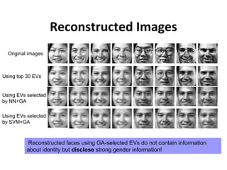 Reconstructed Images
Reconstructed faces using GA-selected EVs do not contain information
about identity but disclose strong gender information!
Original images
Using top 30 EVs
Using EVs selected
by SVM+GA
Using EVs selected
by NN+GA
 