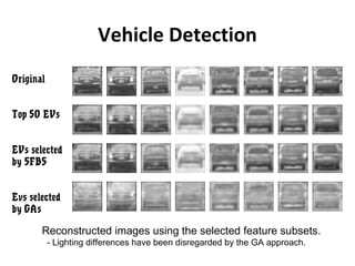 Vehicle Detection
Original
Top 50 EVs
EVs selected
by SFBS
Evs selected
by GAs
Reconstructed images using the selected feature subsets.
- Lighting differences have been disregarded by the GA approach.
 