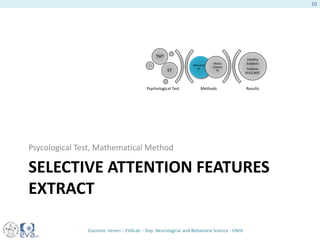 SELECTIVE ATTENTION FEATURES
EXTRACT
Psycological Test, Mathematical Method
Methods Results
Attention
FE
Motor
Control
FE
TMT
ET
Healthy
Subjects
Patients
SCA2,NDC
Psychological Test
Giacomo Veneri – EVALab - Dep. Neurological and Behavioral Science - UNISI
10
 