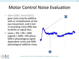 Motor Control Noise Evaluation
• (Beers2007, Veneri2011)
gaze noise may be additive
with or multiplicative of the
eye movement, and is lost
in recording noise (RN) due
to blinks or signal loss;
• noise = PN + RN = SDN
(signal) + ADN + RN where
SDN is physiological signal
dependent noise and ADN
physiological additive noise.
Giacomo Veneri – EVALab - Dep. Neurological and Behavioral Science - UNISI
14
 