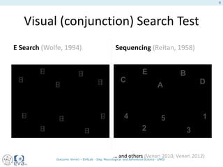 Visual (conjunction) Search Test
E Search (Wolfe, 1994) Sequencing (Reitan, 1958)
... and others (Veneri 2010, Veneri 2012)
Giacomo Veneri – EVALab - Dep. Neurological and Behavioral Science - UNISI
9
 