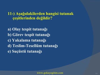 11-) Aşağıdakilerden hangisi tutanak
   çeşitlerinden değildir?

a) Olay tespit tutanağı
b) Görev tespit tutanağı
c) Yakalama tutanağı
d) Teslim-Tesellüm tutanağı
e) Suçüstü tutanağı




               www.gokayegitim.com     215
 