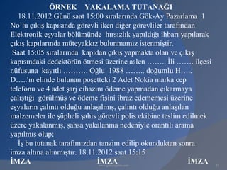 ÖRNEK YAKALAMA TUTANAĞI
   18.11.2012 Günü saat 15:00 sıralarında Gök-Ay Pazarlama 1
No’lu çıkış kapısında görevli iken diğer görevliler tarafından
Elektronik eşyalar bölümünde hırsızlık yapıldığı ihbarı yapılarak
çıkış kapılarında müteyakkız bulunmamız istenmiştir.
 Saat 15:05 sıralarında kapıdan çıkış yapmakta olan ve çıkış
kapısındaki dedektörün ötmesi üzerine aslen …….. İli ……. ilçesi
nüfusuna kayıtlı ………. Oğlu 1988 …….. doğumlu H…..
D…..'ın elinde bulunan poşetteki 2 Adet Nokia marka cep
telefonu ve 4 adet şarj cihazını ödeme yapmadan çıkarmaya
çalıştığı görülmüş ve ödeme fişini ibraz edememesi üzerine
eşyaların çalıntı olduğu anlaşılmış, çalıntı olduğu anlaşılan
malzemeler ile şüpheli şahıs görevli polis ekibine teslim edilmek
üzere yakalanmış, şahsa yakalanma nedeniyle orantılı arama
yapılmış olup;
   İş bu tutanak tarafımızdan tanzim edilip okunduktan sonra
imza altına alınmıştır. 18.11.2012 saat 15:15
İMZA                          İMZA
                               www.gokayegitim.com
                                                             İMZA   53
 