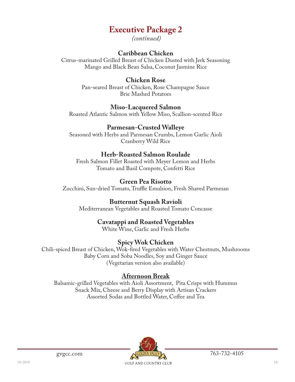 Golden Valley Golf and Country Club's Corporate Banquet Menu