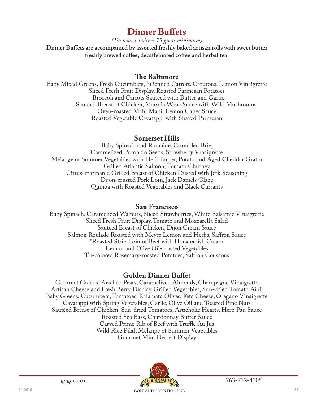 Golden Valley Golf and Country Club's Corporate Banquet Menu