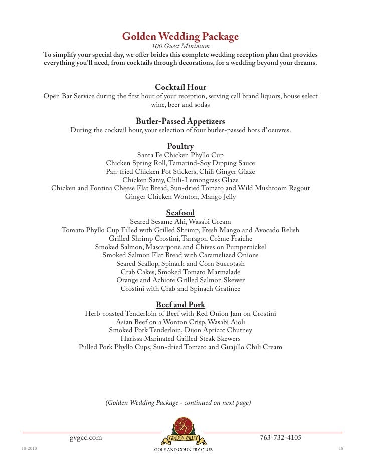 Golden Valley Golf And Country Club S Social Banquet Menu