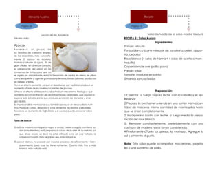 Página 26
Alimenta tu alma
Lección del día: Agradecer
Dulcería criolla
Azúcar
Perte nece al grupo de
los hidratos de carbono simples,
de los disacárido, más concreta-
mente El azúcar es incoloro,
inodoro y soluble al agua . Es de
gran utlidad en diversos campos,
es preservante del sabor en las
conservas de frutas para que no
se agrien; es antioxidante, evita la formación de óxidos en hierro; se utiliza
como excipiente y agente granulador y tensoactivo en jabones, productos
de belleza y tintas.
Tiene un efecto saciante, ya que al absorberse con facilidad produce un
aumento rápido de los niveles circulantes de glucosa.
Ofrece un efecto antidepresivo, al activar un mecanismo fisiológico que
aumenta la concentración de neurotrasmisores cerebrales, que ayudan a
superar este estado, por lo que produce sensación de bienestar y ener
gía rápida.
Es imprescindible mencionar que también produce un desequilibrio nutri
tivo, Produce caries., desplaza a otros alimentos necesarios y saludales,
favorece un aumento de triglicéridos y el exceso puede provocar sobre
peso.
Tipos de azúcar
El azúcar moreno o integral o negro o crudo, huele a regaliz, contiene to-
das los nutrientes y está pegajoso a causa de la miel de la melaza, ya
que al ser crudo, es decir no estar refinado o no ser casi tratado, la
conserva. Cuanto más pegajoso sea, más natural es.
El azúcar blanco, ha pasado por muchos procesos de refinamiento y blan-
queamiento, pero casi no tiene nutrientes. Cuanto más fino y más
blanco, más tratado está
Página 13
Receta
Salsa derivada de la salsa madre Velouté
RECETA 5 : Salsa Aurora
Ingredientes:
Para el velouté:
Fondo blanco (corte mirepoix de zanahoria, celeri, ajopo-
rro, cebolla)
Roux blanco (4 cdas de harina + 4 cdas de aceite o man-
tequilla)
Caparazón de ave (pollo, pavo)
Para la salsa:
Tomates maduros en sofrito
3 huevos sancochados
Preparación:
1.Calentar a fuego bajo la leche con la cebolla y el ajo.
Reservar
2.Prepara la bechamel uniendo en una sartén misma can-
tidad de maicena, misma cantidad de mantequilla, hasta
que se unan completamente
2. Incorporar a la olla con leche, a fuego medio la prepa-
ración del roux blanco.
3,. Remover constantemente, preferiblemente con una
cuchara de madera hasta tomar consistencia.
4.Finalamente añada los quesos, la mostaza . Agregue la
sal y pimienta al gusto.
Nota: Esta salsa puede acompañar macarrones, vegeta-
les o una suprema de pollo.
 