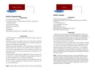 Página 16
Alimenta tu alma
RECETA 2: Ñoquis de papa
Ingredientes:
4 Papas grandes blandas
4 tomates maduros o alguna salsa de clase 1 conservada
1 cebolla grande
150 gr harina de trigo
50 gr queso parmesano
Albahaca
Sal pimienta
EXPOSICIÓN ACERCA DEL: JENGIBRE Y TOMILLO
Preparación:
1.Pelar las papas y colocarlas en una olla con agua y sal y po-
nerlas a hervir.
2.Mientras cocinan las papa colocar en otra olla los tomates
con unos pequeños cortes en agua junto la cebolla cortada en
juliana, sal y pimienta y la albahaca.
3.Retiras las papas del fuego cuando estén listas y dejar enfriar.
Pasado 10min de cocción se los tomates retirar se fuego y li-
cuar colocar nuevamente en la olla y seguir la cocción, si es
necesario colocar un poco de azúcar para contrarrestar la aci-
dez del tomate.
4.Volver puré las papas frías y agregarle la harina, mezclar has-
ta obtener una masa homogénea. Luego empezar porcionar
la masa y darle forma con la ayuda de tenedor.
5.Hervir los Ñoquis, cuando empiecen a flotar retirarlos, colocar-
los en un plato y agregarle la salsa por encima y decorar con
un poco parmesano.
Nota: Puede utilizar otra salsa de tomate, como las elaboradas
Página 23
Receta
RECETA 3: Tequeños
Ingredientes:
500 gr de Harina de trigo todo uso.
80 gr de mantequilla sin sal o manteca(temperatura ambiente)
3 huevos*
½ cucharadita de sal
1/2 cucharadita de azúcar
200g de Agua
Queso semi duro blanco
Se pueden Freír u Hornear según el gusto
Abundante aceite para freír
Preparación
1. Añadir en un bowl todos los ingredientes excepto el queso y el
aceite, amasar hasta obtener una masa pegajosa y homogénea.
Se amasa muy bien por espacio de 5 a 8 minutos y se deja reposar
en un bowl ligeramente enharinado por espacio de media hora.
2.Se corta el queso en bastones de 2 x 2 centímetros y 6 centíme-
tros de largo, se reservan en la nevera.
3.Para extender la masa se necesita de un mesón amplio, un rodillo
y un poco de harina. Se espolvorea el área a trabajar en el mesón
con harina y se procede a extender la primera mitad de la masa
de forma pareja hasta que tenga un grosor de 1 ½ a 2 milímetros
4.Una vez estirada la masa se procede a cortar las tiras uniformes
de 2 a 3 centímetros, con ellas se forran los bastones de queso muy
bien. Evitar que el queso se vea para que no se salga al momento
de freír u hornear.
Nota : Se puede combinar el queso con otros ingredientes como:
Jamón, Guayaba, Chocolate, Salmon Ahumado, Jamón Serrano,
Cebollín y Tomate. Si se decide preparar las opciones dulces, se
debe espolvorear al final del proceso de cocción con azúcar glas
(azúcar molida, nevazúcar, azúcar nevada, azúcar galce, azúcar
pulverizado). Estos tequeños pueden congelarse y esta masa da
orígenes también a los pasteles.
 