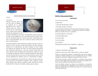 Página 20
Alimenta tu alma
Lección del día: Cocinar con paciencia
Harinas
Latín Farina
Harina es el polvo más o me-
nos fino que se obtiene de
la molienda de un cerealo
leguminosa seca. Existen nu-
merosos tipos de harina, en
función de las características
de la materia prima original y
del tipo de molienda Las hari-
nas están definidas por una serie de parámetros, pero normalmen-
te estos, hacen referencia a las características de la harina de tri-
go, los más destacados son: fuerza, tenacidad y elasticidad, defi-
nen el comportamiento que van a tener las masas confecciona-
das con estas harinas.
Se puede obtener harina de distintos cereales. Aunque la más ha-
bitual es harina de trigo (cereal proveniente de Asia, elemento
habitual en la elaboración del pan), también se hace harina
de centeno, de cebada, de avena, de maíz (cereal proveniente
del continente americano) o de arroz (cereal proveniente de
Asia). Existen harinas de leguminosas (garbanzos, judías) e incluso
en Australia se elaboran harinas a partir de semillas de varias espe-
cies de acacias (harina de acacia). El denominador común de las
harinas vegetales es el almidón, que es un carbohidrato complejo.
Entre las propiedades nutricionales de la harina de trigo cabe des-
tacar que tiene los siguientes nutrientes: hierro, proteínas, calcio,
fibra, potasio, yodo, de zinc, magnesio, sodio, vitaminas B1, B2, B3,
B5, B6, B7, B9, E, Vitamina K, fósforo, calorías, grasa y azúcar
Página 19
Receta
RECETA 5: Reina pepiada Nataly
Ingredientes:
3 huevos sancochados
2 aguacates
1 Lechuga desinfectada y limpia
1 Pechuga de pollo mechada
3 cds de Salsa Emulsionada fría Mayonesa (hacerla en clases):
mezclar 2 yemas de huevos, 1 cda de zumo de limón, mostaza,
225mL de aceite en hilo, sal y pimienta
Encurtidos (pepino y zanahoria)
3 cds de Perejil picado
2 cds de Aceite
2 cds de vinagre
sal y pimienta
EXPOSICIÓN ACERCA DE: PIMIENTA Y CEBOLLÍN
Preparación :
1.Limpiar y desinfectar la lechuga
2.Hervir los huevos por 10min, dejar enfriar y cortar en rodajas
3.Abrir los aguacates, pelarlos y deshacernos del hueso (pepa),
cortarlos en dados. Aliñarlos con una vinagreta hecha con aceite,
vinagre, sal y pimienta, dejarlos en reposo al menos 10min.
4.Escurrir la lechuga, cortarla pequeña y colocarla como zócalo
en una fuente, sobre ésta en el centro colocar los encurtidos pica-
ditos, que se rodearán de rodaja de huevo duro
5.Los encurtidos y huevos se cubren con mayonesa, y se espolvo-
rean con perejil picado, alrededor de los huevos se colocan los
dados de aguacate. Se mantendrá el plato en la nevera hasta el
momento de servirlo.
 