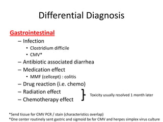 Differential Diagnosis
Gastrointestinal
– Infection
• Clostridium difficile
• CMV*
– Antibiotic associated diarrhea
– Medication effect
• MMF (cellcept) : colitis
– Drug reaction (i.e. chemo)
– Radiation effect
– Chemotherapy effect
*Send tissue for CMV PCR / stain (characteristics overlap)
*One center routinely sent gastric and sigmoid bx for CMV and herpes simplex virus culture
Toxicity usually resolved 1 month later
 
