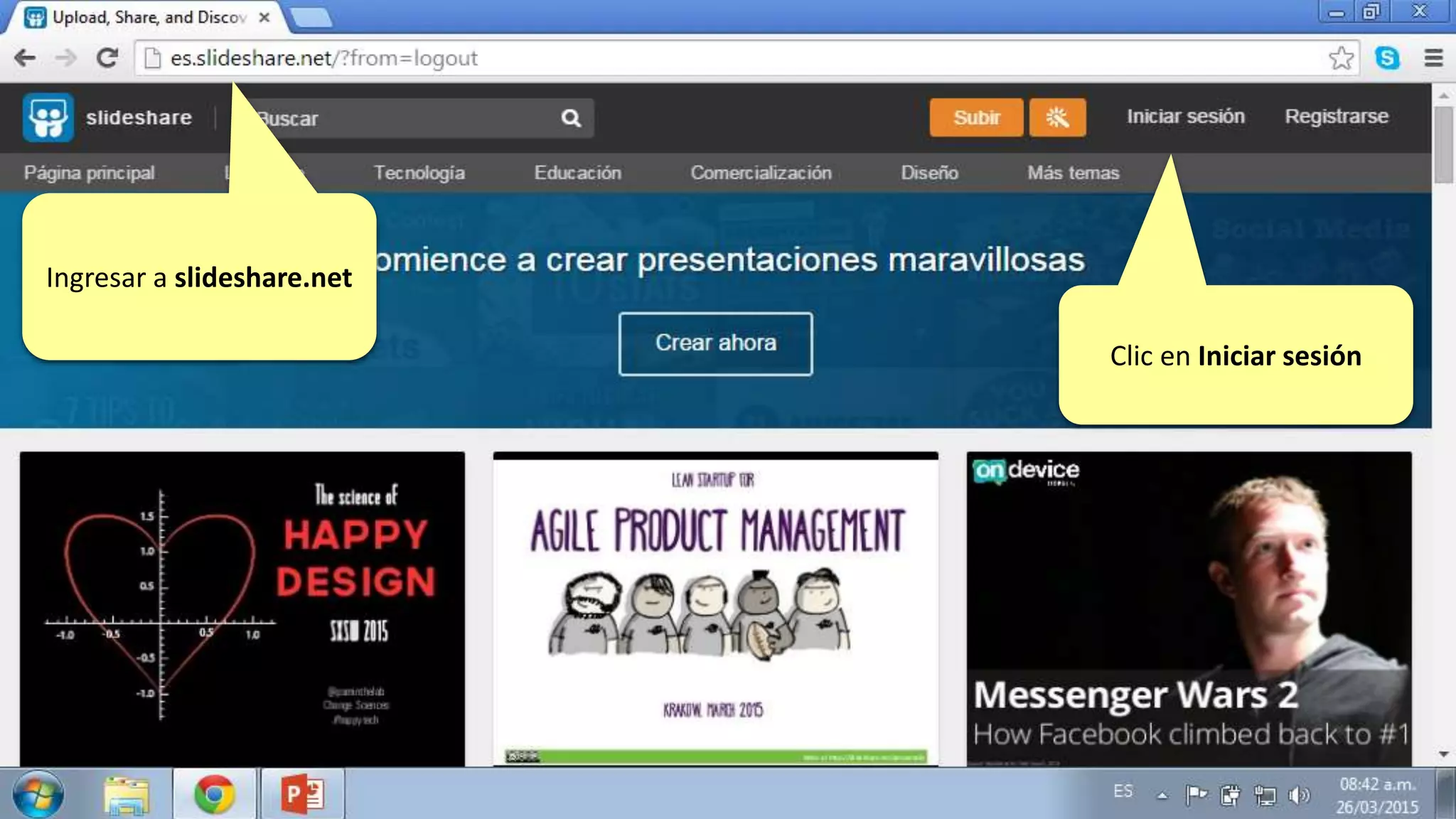 Ingresar a slideshare.net
Clic en Iniciar sesión