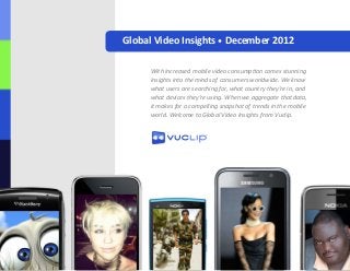 Global Video Insights • December 2012
With increased mobile video consumption comes stunning
insights into the minds of consumers worldwide. We know
what users are searching for, what country they’re in, and
what devices they’re using. When we aggregate that data,
it makes for a compelling snapshot of trends in the mobile
world. Welcome to Global Video Insights from Vuclip.
 