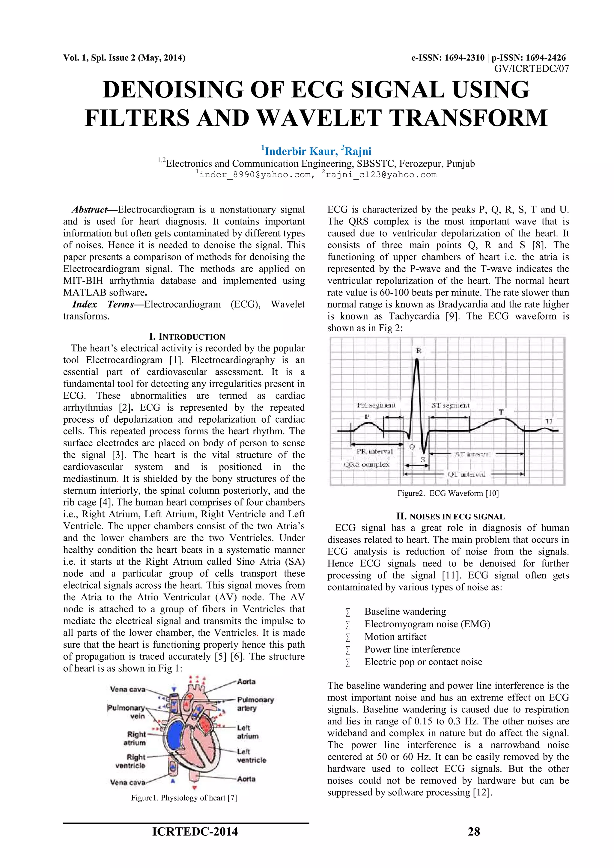 DENOISING OF ECG SIGNAL USING FILTERS AND WAVELET TRANSFORM | PDF