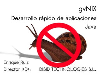 gvNIX
    Desarrollo rápido de aplicaciones
                                   Java




Enrique Ruiz
Director I+D+i   DISID TECHNOLOGIES S.L.
 