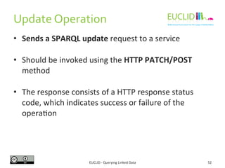 Update 
Operation 
EUCLID 
-­‐ 
Querying 
Linked 
Data 
52 
• Sends 
a 
SPARQL 
update 
request 
to 
a 
service 
• Should ...