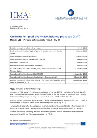 9 December 2013
EMA/816292/2011 Rev 1*
Guideline on good pharmacovigilance practices (GVP)
Module VII – Periodic safety update report (Rev 1)
Date for coming into effect of first version 2 July 2012
Draft Revision 1* finalised by the Agency in collaboration with Member
States
21 March 2013
Draft Revision 1 agreed by ERMS FG 27 March 2013
Draft Revision 1 adopted by Executive Director 19 April 2013
Release for consultation 25 April 2013
End of consultation (deadline for comments) 25 June 2013
Revised draft Revision 1 finalised by the Agency in collaboration with
Member States
23 October 2013
Revised draft Revision 1 agreed by ERMS FG 11 November 2013
Revised draft Revision 1 adopted by Executive Director as final 9 December 2013
Date for coming into effect of Revision 1* (for PSURs with data lock point
after 12 December 2013)
13 December 2013
*Note: Revision 1 contains the following:
- updates in VII.B and VII.C.5. following finalisation of the ICH-E2C(R2) guideline on “Periodic Benefit-
Risk Evaluation Report (PBRER)”, which reached Step 4 of the ICH process in November 2012, in order
to harmonise the principles and agreements reached by the ICH Expert Working Group;
- further guidance regarding technical aspects on the implementation of Regulation (EU) No 1235/2010
and Directive 2010/84/EU based on the experience gained since July 2012;
- practical instructions for the application, description and maintenance of the EU reference date list in
VII.C.3.2., VII.C.3.3. and VII.C.3.4. and amendments to the marketing authorisation in VII.C.3.7.;
- further instructions regarding the PSUR assessment process, product information and transitional
arrangements within the EU regulatory network in VII.C..
See websites for contact details
European Medicines Agency www.ema.europa.eu
Heads of Medicines Agencies www.hma.eu
The European Medicines Agency is
an agency of the European Union
© European Medicines Agency and Heads of Medicines Agencies, 2013.
Reproduction is authorised provided the source is acknowledged.
 