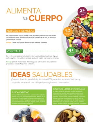 24 • Guía Vegetariana
NUECES Y SEMILLAS
VEGETALES 4+PORCIONES
al día
1-2PORCIONES
al día
2+PORCIONES
al día
Las nueces y semillas son una increíble fuente de proteína y además promueven la salud
del sistema inmunitario. Aprovecha las virtudes de la mantequilla de maní, las almendras
y las semillas de calabaza.
Consejo: Cómete un puñado de almendras como tentempié al mediodía.
ALIMENTA
tu CUERPO
Las verduras son prácticamente los alimentos más saludables en el planeta. Algunos
de los vegetales más nutritivos son la col rizada, el brócoli, la espinaca y los pimientos.
Consejo: ¡Cómete el arcoíris! Los diferentes y vivos colores de las verduras existen
gracias a sus miles de fitoquímicos saludables.
ideas SALUDABLES¿Quieres llevar tu salud al siguiente nivel? Sigue estas recomendaciones y
prepárate para sentir una ráfaga de energía como nunca antes.
BUSCA VARIEDAD
Conseguir todos los nutrientes que necesitas es fácil si
ingieres una gran variedad de alimentos. ¡Aléjate de la
monotonía! Llena tu plato con alimentos de todos los
colores del arcoíris. Y asegúrate de comer de todos los
grupos de alimentos de origen vegetal: frutas, verduras,
cereales, legumbres y frutos secos.
CALORÍAS LIBRES DE CRUELDAD
Si buena parte del tiempo te sientes hambriento
o cansado, es posible que no estés consumiendo
suficientes calorías. Las verduras y los granos son
geniales, pero si eso es todo lo que estás comiendo
puede que no le estés dando a tu cuerpo todo el
combustible que necesita. Trata de añadir a tu plato
alimentos ricos en calorías como nueces, semillas,
frijoles, lentejas, carnes vegetales y aceites saludables.
 