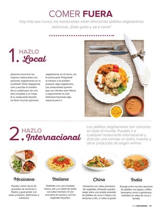 Guía Vegetariana • 33
HAZLO
¿Quieres encontrar los
mejores restaurantes con
opciones vegetarianas en tu
localidad? Visita HappyCow.
com y escribe el nombre
de tu ciudad para ver una
lista completa y un mapa.
Si tu restaurante favorito
no tiene muchas opciones
vegetarianas en el menú, ¡no
te preocupes! Pregúntale
al mesero si te pueden
preparar algo vegetariano.
Los restaurantes quieren
que sus clientes sean felices
y seguramente el chef
disfrutará haciendo algo
especial para ti.
1.HAZLO
Local
Los platillos vegetarianos son comunes
en todo el mundo. Puedes ir a
cualquier restaurante internacional y
disfrutar una comida sin pollo, huevos y
otros productos de origen animal.
Italiana
Deléitate con una ensalada
fresca, pan y un plato de pasta
con salsa marinara. O con
una pizza sin queso y con tus
vegetales favoritos.
China
Comienza con rollos primavera
de vegetales. Después puedes
elegir entre una amplia variedad
de platillos de arroz o fideos con
verduras y tofu. ¡Y salsa al gusto!
India
Escoge entre muchas opciones
de platillos con papas, coliflor,
berenjena, arroz o garbanzos,
bañados en salsa de curry o
tomate.
Mexicana
Puedes comer tacos de
guisados de verduras o
frijoles y guacamole con
salsa y totopos. ¡Deliciosos y
nutritivos!
2.Internacional
Hoy más que nunca, los restaurantes están ofreciendo platillos vegetarianos
deliciosos. ¡Date gusto y sal a cenar!
COMER FUERA
 