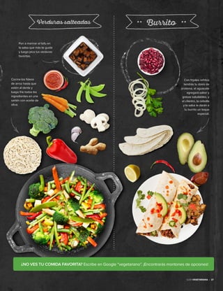 Pon a marinar el tofu en
la salsa que más te guste
y luego pica tus verduras
favoritas.
Guía Vegetariana • 37
¿NO VES TU COMIDA FAVORITA? Escribe en Google “vegetariano”. ¡Encontrarás montones de opciones!
Con frijoles refritos
tendrás tu dosis de
proteína, el aguacate
agregará sabor y
grasas saludables, y
el cilantro, la cebolla
y la salsa le darán a
tu burrito un toque
especial.
Cocina los fideos
de arroz hasta que
estén al dente y
luego fríe todos los
ingredientes en una
sartén con aceite de
oliva.
 