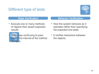 Different type of tests
State Verification
▪ Execute one or many methods
of objects then assert expected
results.
▪ They keep continuing to pass
even if the internal of the method
changes.
Behavior Verification
▪ How the system behaves as it
operates rather than specifying
the expected end state.
▪ It verifies interaction between
the objects.
4
 