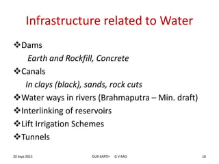 Infrastructure related to Water
Dams
Earth and Rockfill, Concrete
Canals
In clays (black), sands, rock cuts
Water ways in rivers (Brahmaputra – Min. draft)
Interlinking of reservoirs
Lift Irrigation Schemes
Tunnels
20 Sept 2015 OUR EARTH G V RAO 18
 