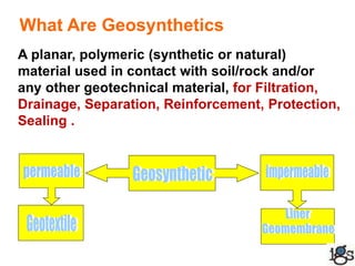 What Are Geosynthetics
A planar, polymeric (synthetic or natural)
material used in contact with soil/rock and/or
any other geotechnical material, for Filtration,
Drainage, Separation, Reinforcement, Protection,
Sealing .
20 Sept 2015OUR EARTH G V RAO 21
 