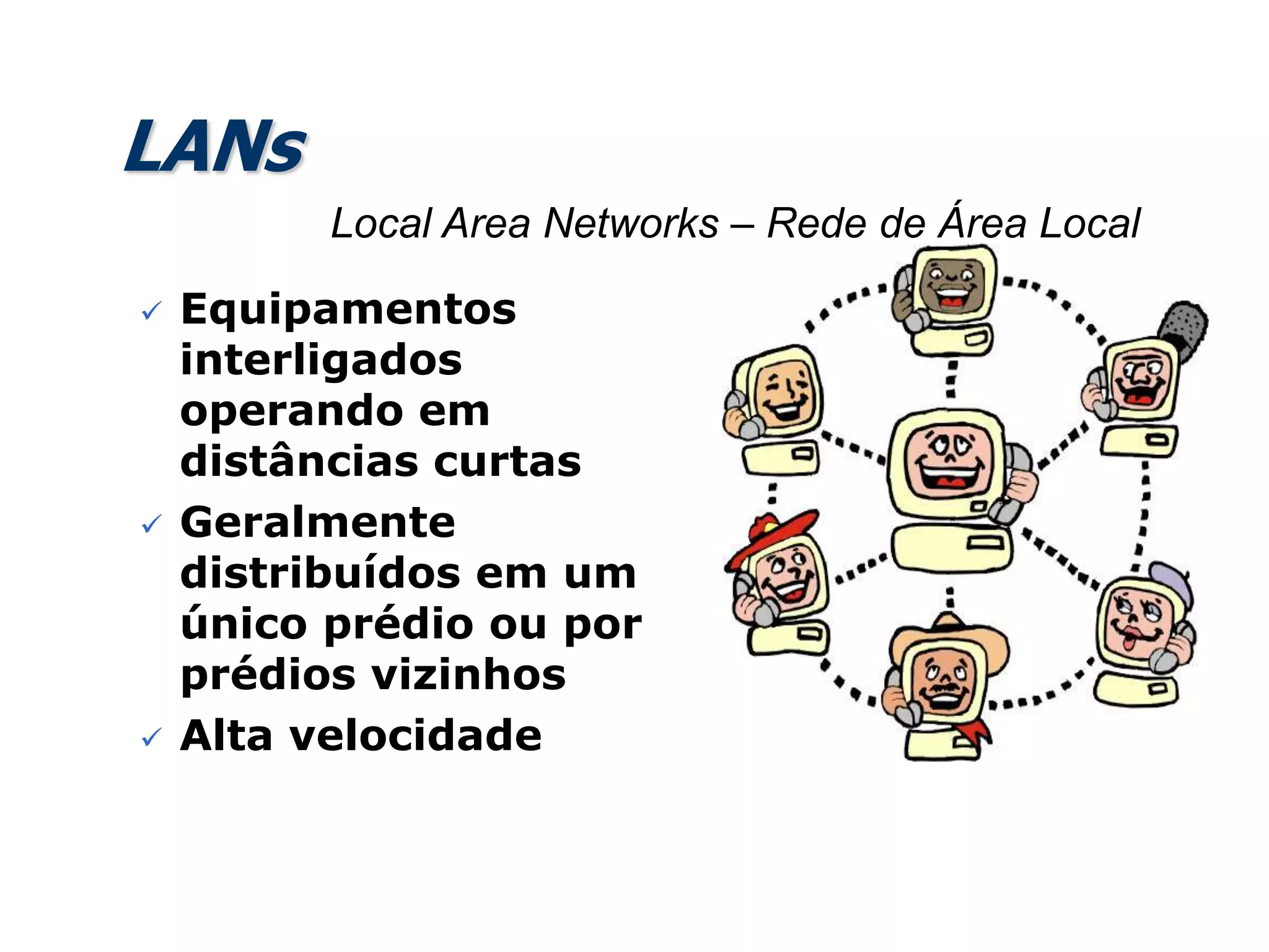 LANs
 Equipamentos
interligados
operando em
distâncias curtas
 Geralmente
distribuídos em um
único prédio ou por
prédios vizinhos
 Alta velocidade
Local Area Networks – Rede de Área Local
 