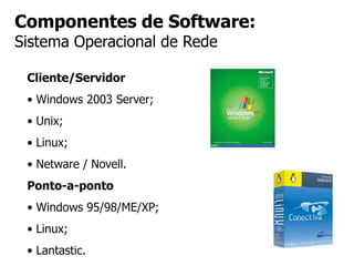 Componentes de Software:
Sistema Operacional de Rede
Cliente/Servidor
• Windows 2003 Server;
• Unix;
• Linux;
• Netware / Novell.
Ponto-a-ponto
• Windows 95/98/ME/XP;
• Linux;
• Lantastic.
 