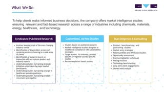 Due Diligence & Consulting
• Product benchmarking and
positioning studies
• Market entry strategies
• Patent portfolio and IPR based studies
• Opportunity assessment
• Commercialization techniques
• Pricing modules
• Technology benchmarking
• Long term client engagements
• Unmet need analysis
What We Do
Syndicated PublishedResearch
• Involves keeping track of the ever-changing
industry trends
• Identification of key problem areas and
rendering solutions catering to a wide array
of clients
• Identification of subjects based on
interaction with key opinion leaders and
industry experts
• Undertaking studies by tracking strategic
initiatives undertaken by major market
participants
• Undertaking studies by tracking change in
healthcare spending patterns
• Undertaking studies by tracking product
movement and pipeline
Customized, Ad-hoc Studies
• Studies based on publishedresearch
• Market intelligence studies designed or
modified in compliance with sustainability
strategies
• Targetstudies. For instance, product
specific or regional/country specific
studies
• Recommendation based studies
To help clients make informed business decisions, the company offers market intelligence studies
ensuring relevant and fact-based research across a range of industries including chemicals, materials,
energy, healthcare, and technology.
 