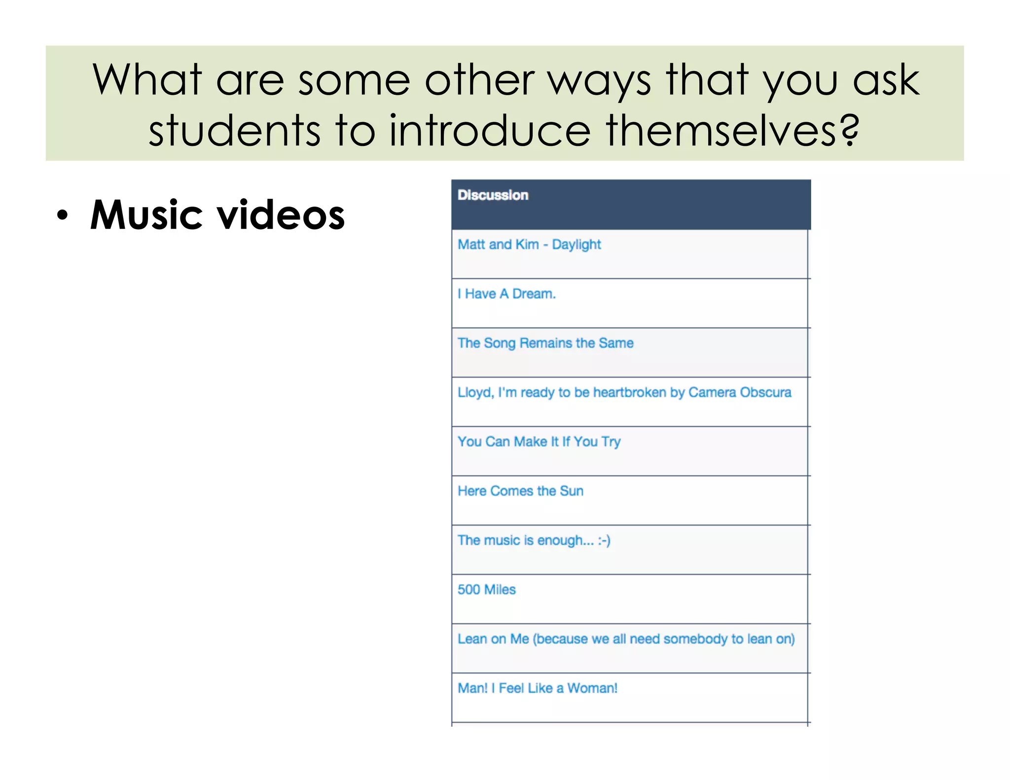 •  Music videos
What are some other ways that you ask
students to introduce themselves?
 
