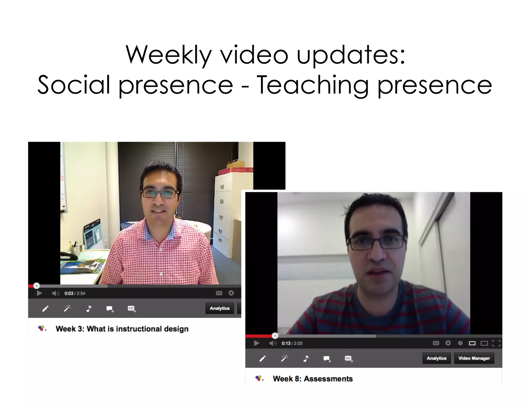 Weekly video updates:
Social presence - Teaching presence
 