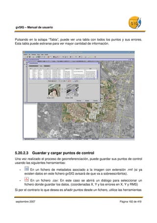 gvSIG – Manual de usuario 



Pulsando en la solapa “Tabla”, puede ver una tabla con todos los puntos y sus errores. 
Esta tabla puede estirarse para ver mayor cantidad de información.




5.20.2.3  Guardar y cargar puntos de control
Una vez realizado el proceso de georreferenciación, puede guardar sus puntos de control 
usando las siguientes herramientas:

   •        En un fichero de metadatos asociado a la imagen con extensión .rmf (si ya 
       existen datos en este fichero gvSIG avisará de que va a sobreescribirlos).

   •         En   un   fichero   .csv:  En   este   caso   se   abrirá   un   diálogo   para   seleccionar   un 
       fichero donde guardar los datos. (coordenadas X, Y y los errores en X, Y y RMS)
Si por el contrario lo que desea es añadir puntos desde un fichero, utilice las herramientas


septiembre 2007                                                                            Página 192 de 419
 