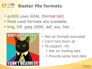 Raster file formats

●
    gvSIG uses GDAL (format list)
●
    Most used formats are available
●
    img, tiff, jpeg 2000, adf, asc, hdr, …

                       ●
                           Not all formats activated
                       ●
                           Can't test them all
                       ●
                           To support .rik:
                            ●
                              Ask on mailing lists
                           ●
                               Provide some test data
 