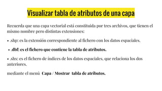 Visualizar tabla de atributos de una capa
Recuerda que una capa vectorial está constituida por tres archivos, que tienen el
mismo nombre pero distintas extensiones:
• .shp: es la extensión correspondiente al fichero con los datos espaciales.
• .dbf: es el fichero que contiene la tabla de atributos.
• .shx: es el fichero de índices de los datos espaciales, que relaciona los dos
anteriores.
mediante el menú Capa / Mostrar tabla de atributos.
 