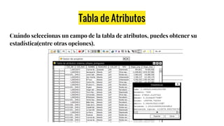 Tabla de Atributos
Cuándo seleccionas un campo de la tabla de atributos, puedes obtener su
estadística(entre otras opciones).
 