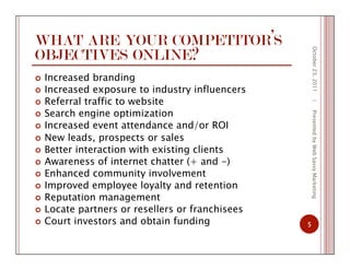 WHAT ARE YOUR COMPETITOR’S
OBJECTIVES ONLINE?
  Increased branding
  Increased exposure to industry influencers
  Referral traffic to website
  Search engine optimization
  Increased event attendance and/or ROI
  New leads, prospects or sales
  Better interaction with existing clients
  Awareness of internet chatter (+ and -)
  Enhanced community involvement
  Improved employee loyalty and retention
  Reputation management
  Locate partners or resellers or franchisees
  Court investors and obtain funding
October23,2011
5
|PresentedbyWebSavvyMarketing
 