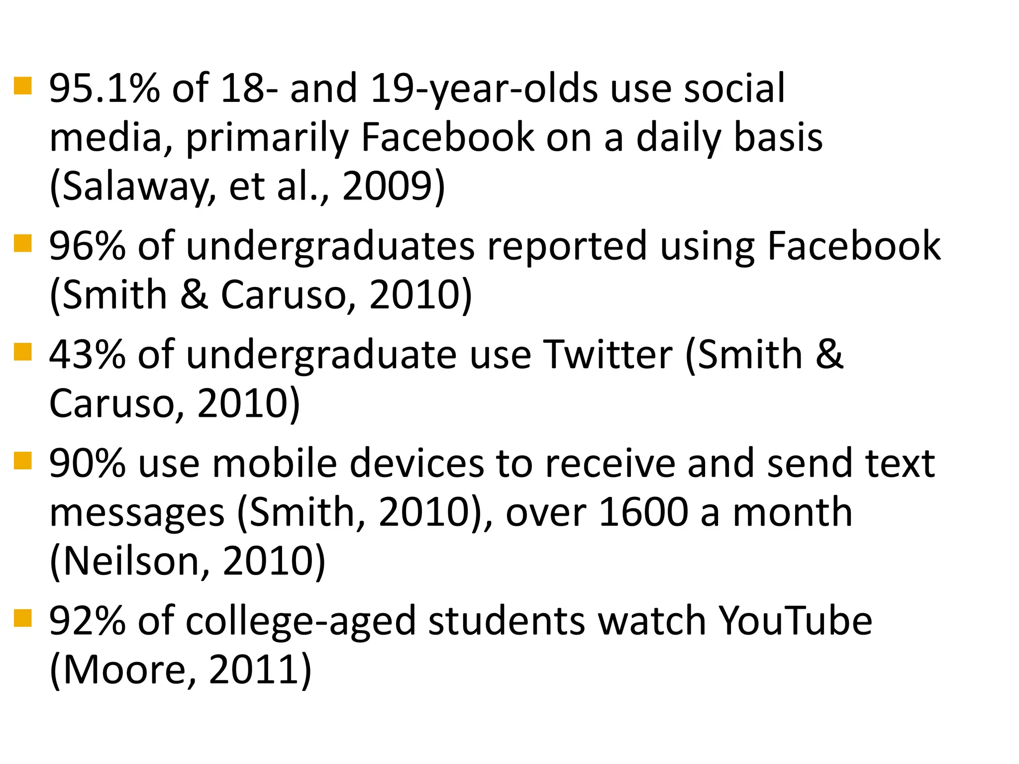  95.1% of 18- and 19-year-olds use social
  media, primarily Facebook on a daily basis
  (Salaway, et al., 2009)
 96% of undergraduates reported using Facebook
  (Smith & Caruso, 2010)
 43% of undergraduate use Twitter (Smith &
  Caruso, 2010)
 90% use mobile devices to receive and send text
  messages (Smith, 2010), over 1600 a month
  (Neilson, 2010)
 92% of college-aged students watch YouTube
  (Moore, 2011)
 