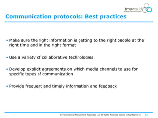 Communication protocols: Best practices



• Make sure the right information is getting to the right people at the
  right time and in the right format


• Use a variety of collaborative technologies


• Develop explicit agreements on which media channels to use for
  specific types of communication


• Provide frequent and timely information and feedback




                           © Transnational Management Associates Ltd. All Rights Reserved. [Global virtual teams vc]   22
 