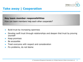 Take away | Cooperation


Key team member responsibilities
How can team members help each other cooperate?



 ●   Build trust by increasing openness
 ●   Develop swift trust through relationships and deepen that trust by proving
     yourself
 ●   Keep promises
 ●   Be accessible
 ●   Treat everyone with respect and consideration
 ●   Fix problems, do not blame




                              © Transnational Management Associates Ltd. All Rights Reserved. [Global virtual teams vc]   8
 