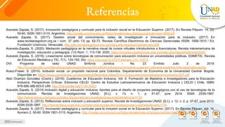 Referencias
Acevedo Zapata, S. (2017). Innovación pedagógica y curricular para la inclusión social en la Educación Superior. (2017). En Revista Pilquen. 14, (2).
50-60. ISSN 1851-3115. Argentina. http://revele.uncoma.edu.ar/htdoc/revele/index.php/psico/article/view/1800/pdf
Acevedo Zapata, S. (2017). Gestión social del conocimiento, redes de investigación e innovación para la inclusión. (2017) En
www.revistanegotium.org.ve / núm. 37 (año 13) pp. 62-73. Revista Científica Electrónica de Ciencias Gerenciales /ISSN: 1856-1810 / Ed.
Fundación Unamuno, Venezuela. http://ojs.revistanegotium.org.ve/index.php/negotium/article/view/288
Acevedo-Zapata, S. (2020). Mediación pedagógica en la narrativa visual de cursos virtuales introductorios a licenciaturas. Revista interamericana de
investigación, educación y pedagogía, (13) Núm. 1, 113-136. 2020, https://revistas.usantotomas.edu.co/index.php/riiep/article/view/5463
Acevedo Zapata, S. (2018). Lineamiento sobre tecnologías de comunicación para educación inclusiva en universidades públicas. EDMETIC, Revista
de Educación Mediática y TIC, 7(1), 124-150, Doi: https://doi.org/10.21071/edmetic.v7i1.10473
OVI: Programa de radio UNAD: Sinfonía Jurídica - No. 23 Emitido: Julio 2 de 2019.
http://ruv.unad.edu.co/index.php/academica/sinfoniajuridica/6243-educacion-inclusiva-y-paz-en-colombia-expertos-internacionales-iparte
Araoz-Fraser, S. (2010). Inclusión social: un propósito nacional para Colombia. Departamento de Economía de la Universidad Central. Bogotá.
Disponible en: https://www.ucentral.edu.co/sites/default/files/inline-files/2010-12-documentosinvestigacion-economia-007.pdf
Aldo Ocampo González (Coord.). (2018). Cuadernos de Educación Inclusiva. Vol. II. Formación de Maestros e Investigadores para la Educación
Inclusiva. Perspectivas Críticas. Ediciones CELEI. Centro de Estudios Latinoamericanos de Educación Inclusiva | CELEI | Chile. ISBN:
978-956-386-003-0 URI: http://hdl.handle.net/11181/5583
Acevedo Zapata, S. (2014) Inclusión digital y educación inclusiva. Aportes para el diseño de proyectos pedagógicos con el uso de tecnologías de la
comunicación. Revista de Investigaciones UNAD, [S.l.], v. 13, n. 1, p. 41-57, june 2014. ISSN 2539-1887.
http://hemeroteca.unad.edu.co/index.php/revista-de-investigacionesunad/article/view/1130
Acevedo Zapata, S. (2013). Reflexiones sobre inclusión y educación superior. Revista de Investigaciones UNAD, [S.l.], v. 12, n. 2, p. 57-67, june 2013.
ISSN 2539-1887. http://hemeroteca.unad.edu.co/index.php/revista-deinvestigaciones-unad/article/view/1176
Acevedo Zapata, S. (2017). Innovación pedagógica y curricular para la inclusión social en la Educación Superior. (2017). En Revista Pilquen. Vol. 14,
Numero 2. 50-60. ISSN 1851-3115. Argentina. http://revele.uncoma.edu.ar/htdoc/revele/index.php/psico/article/view/1800/pdf
 