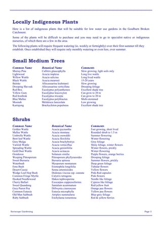 Locally Indigenous Plants
 Here is a list of indigenous plants that will be suitable for low water use gardens in the Goulburn Broken
 Catchment.
 Some of the plants will be difficult to purchase and you may need to go to specialist native or indigenous
 nurseries, of which there are a few in the area.
 The following plants will require frequent watering (ie, weekly or fortnightly) over their first summer till they
 establish. Once established they will require only monthly watering or even less, over summer.



 Small Medium Trees
 Common Name              Botanical Name                    Comments
 Murray Pine              Callitris glaucophylla            Slow growing, light soils only
 Lightwood                Acacia implexa                    Long live wattle
 Willow Wattle            Acacia salicina                   Long lived wattle
 Black Wattle             Acacia mearnsii                   15-20 years
 Buloke                   Allocasuarina leuhmanii           Slow growing
 Drooping She-oak         Allocasuarina verticillata        Drooping foliage
 Red Box                  Eucalyptus polyanthemos           Excellent shade tree
 Yellow Gum               Eucalyptus leucoxylon             Can grow to 20 m
 Red Ironbrak             Eucalyptus tricarpa               Can grow to 20 m
 Blue Mallee              Eucalyptus polybractea            Multi-stemmed
 Moonah                   Melaleuca lanceolata              Low growing
 Kurrajong                Brachychiton populneus            Excellent shade tree




 Shrubs
 Common Name                       Botanical Name                   Comments
 Golden Wattle                     Acacia pycnantha                 Fast growing, short lived
 Mallee Wattle                     Acacia montana                   Rounded shrub to 1.5 m
 Umbrella Wattle                   Acacia osswaldii                 Summer flowering
 Bent leaf Wattle                  Acacia flexifolia                Winter flowering
 Grey Mulga                        Acacia brachybotrya              Grey foliage
 Varnish Wattle                    Acacia verniciflua               Shiny foliage, winter flowers
 Spreading Wattle                  Acacia genistifolia              Winter flowers, prickly
 Gold Dust Wattle                  Acacia acinacea                  Winter flowering
 Oondoroo                          Solanum similie                  Purple flowers, orange berries
 Weeping Pittosporum               Pittosporum phyllyraeoides       Drooping foliage
 Sweet Bursaria                    Bursaria spinosa                 Summer flowers, prickly
 Waterbush                         Myoporum montanum                Deep green foliage
 Emu Bush                          Eremophila longifolia            Tubular flowers
 Desert Cassia                     Senna artemisiodes               Yellow flowers
 Wedge Leaf Hop Bush               Dodonea viscosa ssp. cuneata     Pink-Red capsules
 Common Fringe Myrtle              Calytrix tetragona               Pink flowers
 Hooked Needlewood                 Hakea tephrosperma               Needle like foliage
 Cherry Ballart                    Exocarpus cuppressiformis        Cypress like foliage
 Sweet Quandong                    Santalum acuminatum              Red/yellow fruit
 Grey Parrot Pea                   Dillwynia cinerescens            Orange pea flowers
 Common Eutaxia                    Eutaxia microphylla              Yellow pea flowers
 Old Man Saltbush                  Atriplex nummularia              Blue-grey foliage
 Ruby Saltbush                     Enchylaena tomentosa             Red & yellow berries




Xeriscape Gardening                                                                                                  Page 3
 