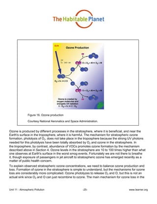 Unit 11 : Atmospheric Pollution -25- www.learner.org
Figure 16. Ozone production
Courtesy National Aeronatics and Space Administration.
Ozone is produced by different processes in the stratosphere, where it is beneficial, and near the
Earth's surface in the troposphere, where it is harmful. The mechanism for stratospheric ozone
formation, photolysis of O2, does not take place in the troposphere because the strong UV photons
needed for this photolysis have been totally absorbed by O2 and ozone in the stratosphere. In
the troposphere, by contrast, abundance of VOCs promotes ozone formation by the mechanism
described above in Section 4. Ozone levels in the stratosphere are 10 to 100 times higher than what
one observes at Earth's surface in the worst smog events. Fortunately we are not there to breathe
it, though exposure of passengers in jet aircraft to stratospheric ozone has emerged recently as a
matter of public health concern.
To explain observed stratospheric ozone concentrations, we need to balance ozone production and
loss. Formation of ozone in the stratosphere is simple to understand, but the mechanisms for ozone
loss are considerably more complicated. Ozone photolyzes to release O2 and O, but this is not an
actual sink since O2 and O can just recombine to ozone. The main mechanism for ozone loss in the
 