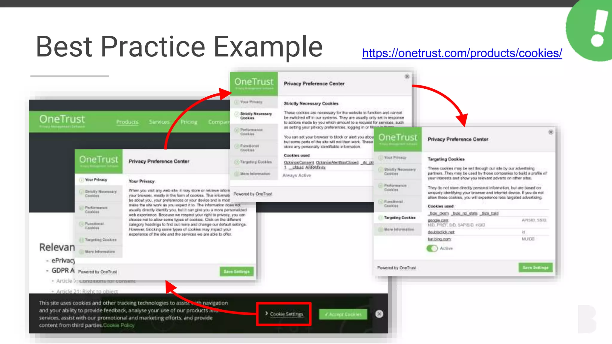 Best Practice Example https://onetrust.com/products/cookies/
 