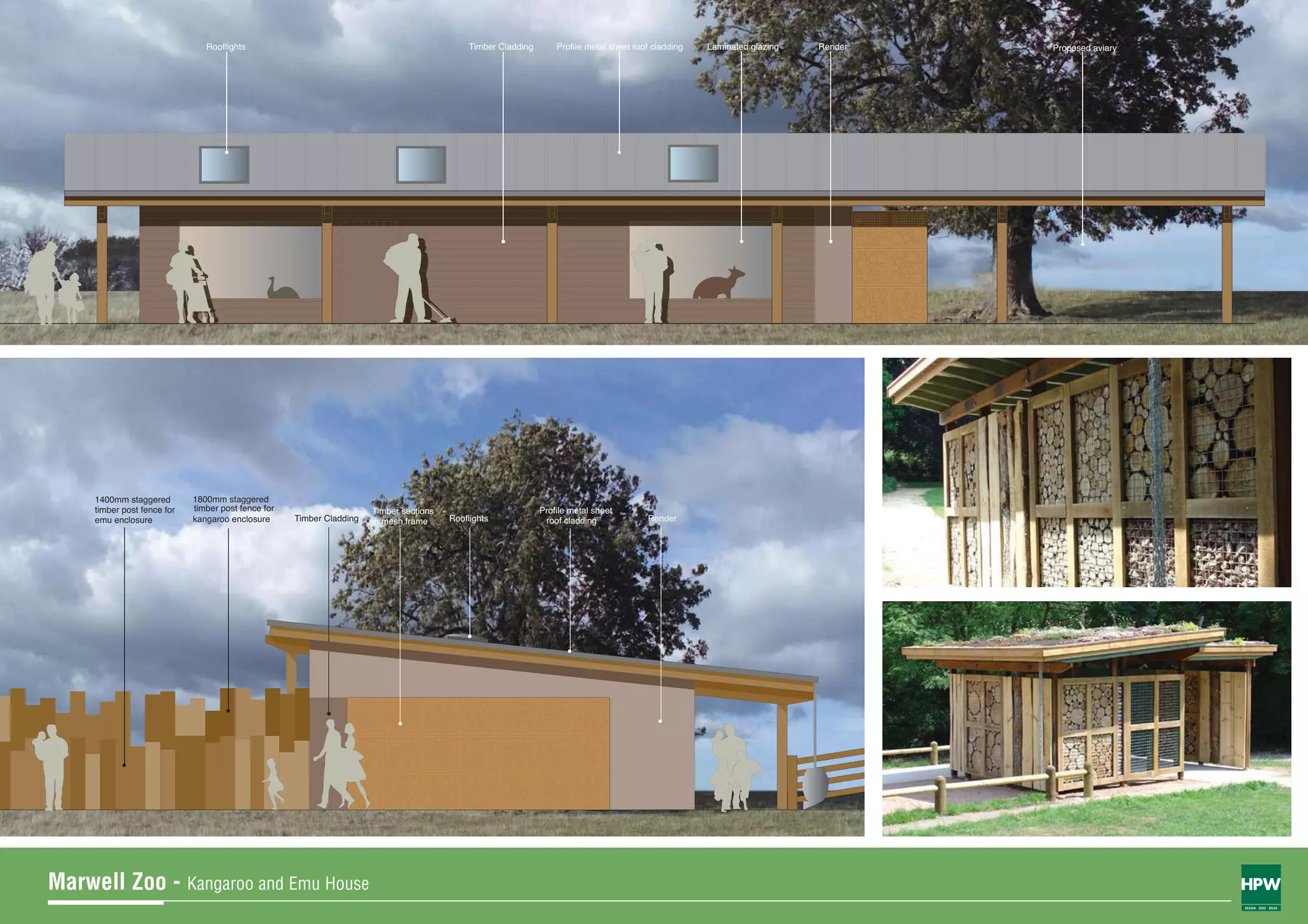 Rooflights                                                    Timber Cladding       Profile metal sheet roof cladding   Laminated glazing   Render   Proposed aviary




     1400mm staggered        1800mm staggered
     timber post fence for   timber post fence for                     Timber sections                          Profile metal sheet
     emu enclosure           kangaroo enclosure      Timber Cladding   in mesh frame     Rooflights              roof cladding             Render




Marwell Zoo - Kangaroo and Emu House
                                                                                                                                                                                                       DESIGN ZERO DRIVE
 