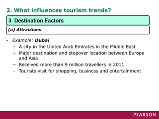 2. What influences tourism trends?
• Example: Dubai
– A city in the United Arab Emirates in the Middle East
– Major destination and stopover location between Europe
and Asia
– Received more than 9 million travellers in 2011
– Tourists visit for shopping, business and entertainment
3. Destination Factors
(a) Attractions
 