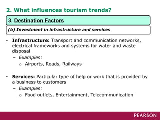 2. What influences tourism trends?
• Infrastructure: Transport and communication networks,
electrical frameworks and systems for water and waste
disposal
– Examples:
o Airports, Roads, Railways
• Services: Particular type of help or work that is provided by
a business to customers
– Examples:
o Food outlets, Entertainment, Telecommunication
3. Destination Factors
(b) Investment in infrastructure and services
 