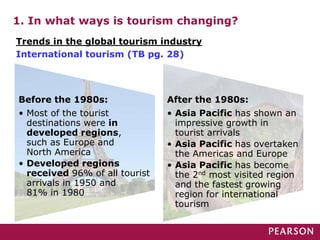 1. In what ways is tourism changing?
Before the 1980s:
• Most of the tourist
destinations were in
developed regions,
such as Europe and
North America
• Developed regions
received 96% of all tourist
arrivals in 1950 and
81% in 1980
After the 1980s:
• Asia Pacific has shown an
impressive growth in
tourist arrivals
• Asia Pacific has overtaken
the Americas and Europe
• Asia Pacific has become
the 2nd most visited region
and the fastest growing
region for international
tourism
Trends in the global tourism industry
International tourism (TB pg. 28)
 