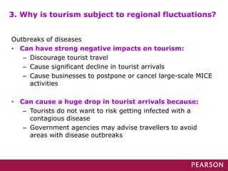 Outbreaks of diseases
• Can have strong negative impacts on tourism:
– Discourage tourist travel
– Cause significant decline in tourist arrivals
– Cause businesses to postpone or cancel large-scale MICE
activities
• Can cause a huge drop in tourist arrivals because:
– Tourists do not want to risk getting infected with a
contagious disease
– Government agencies may advise travellers to avoid
areas with disease outbreaks
3. Why is tourism subject to regional fluctuations?
 